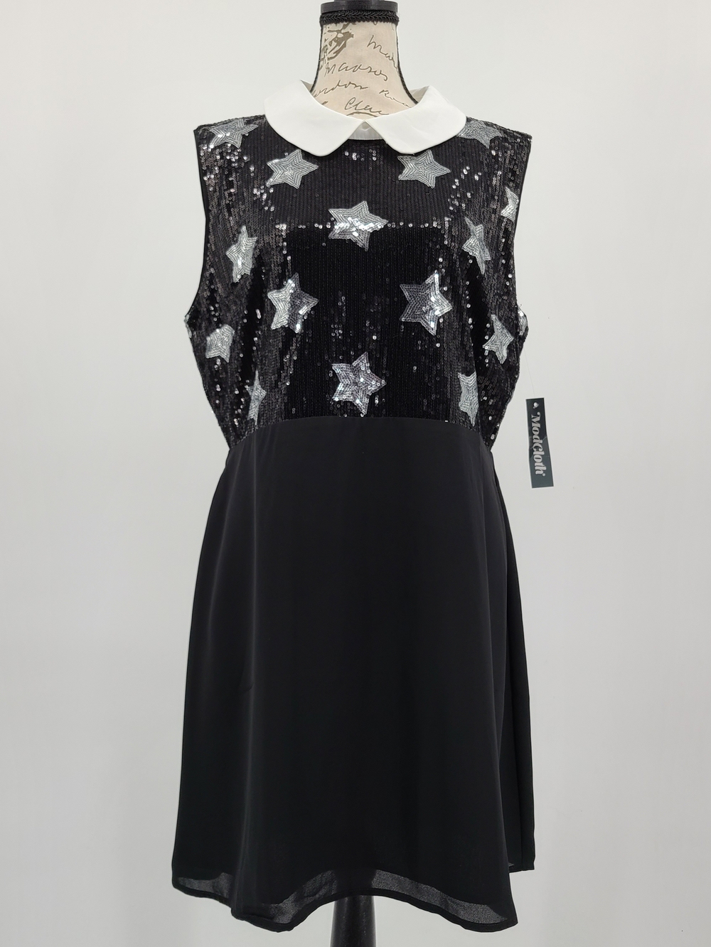 ModCloth Black Sequin Star A Line Dress with White Peter Pan Collar Size 16